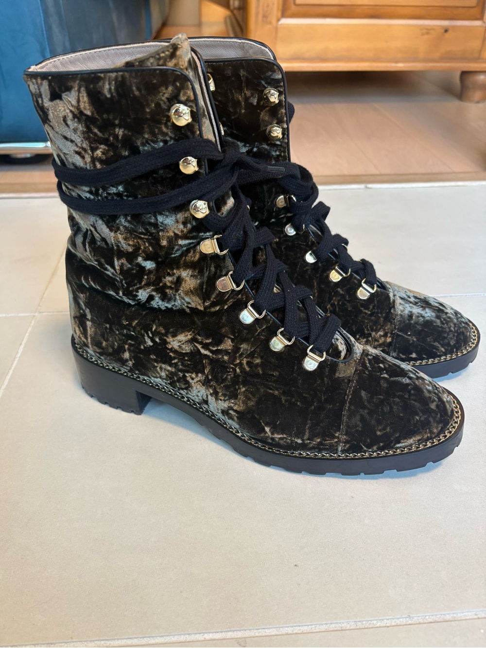 Stuart Weitzman Kolbie Taupe Velvet Lace-Up Ankle Boots with Gold Hardware